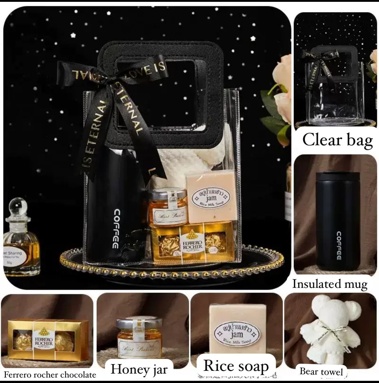 Honey jar, rice soapand ferrero Richer chocolates