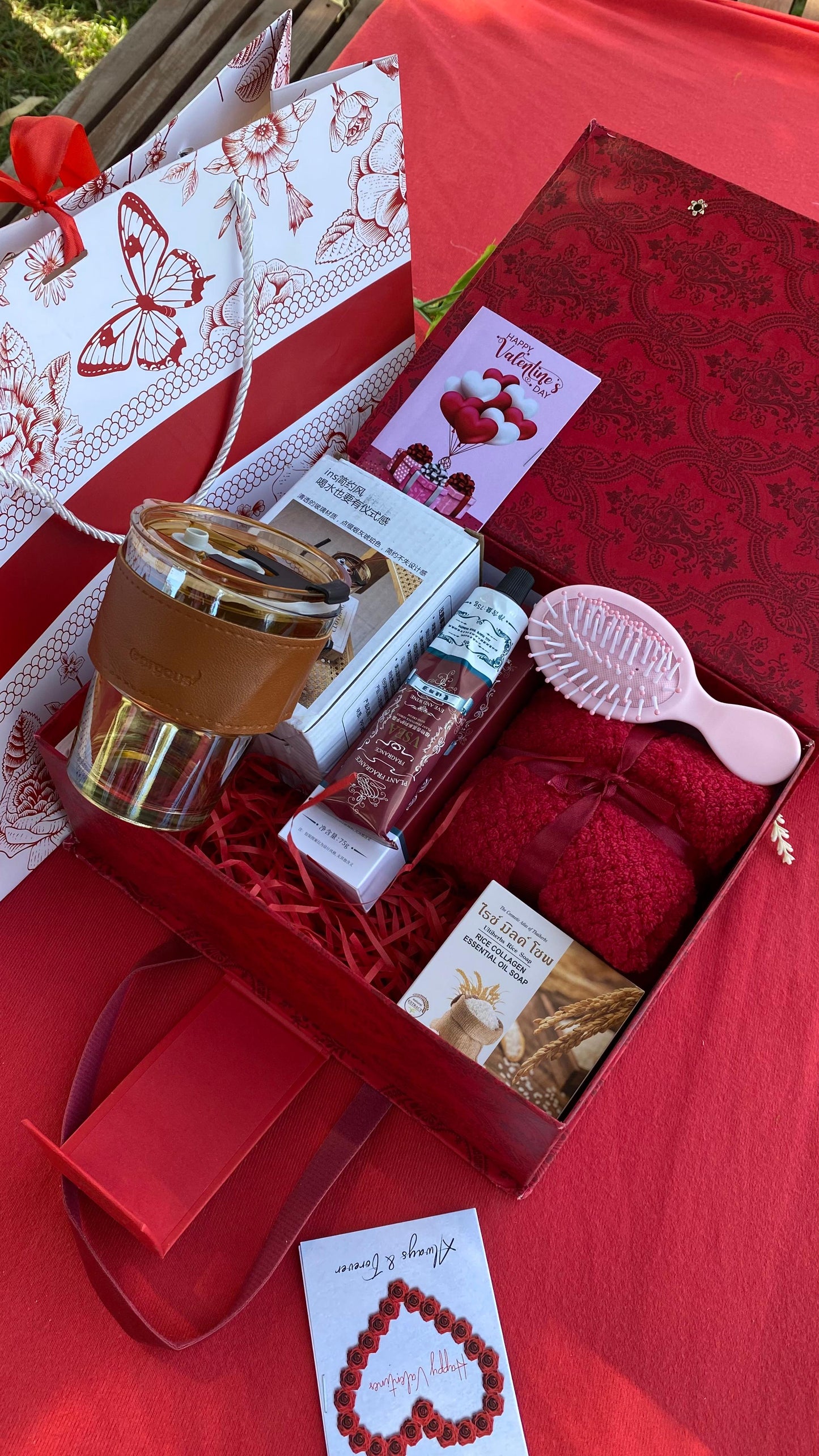 Chocolate and other items on red surface 
