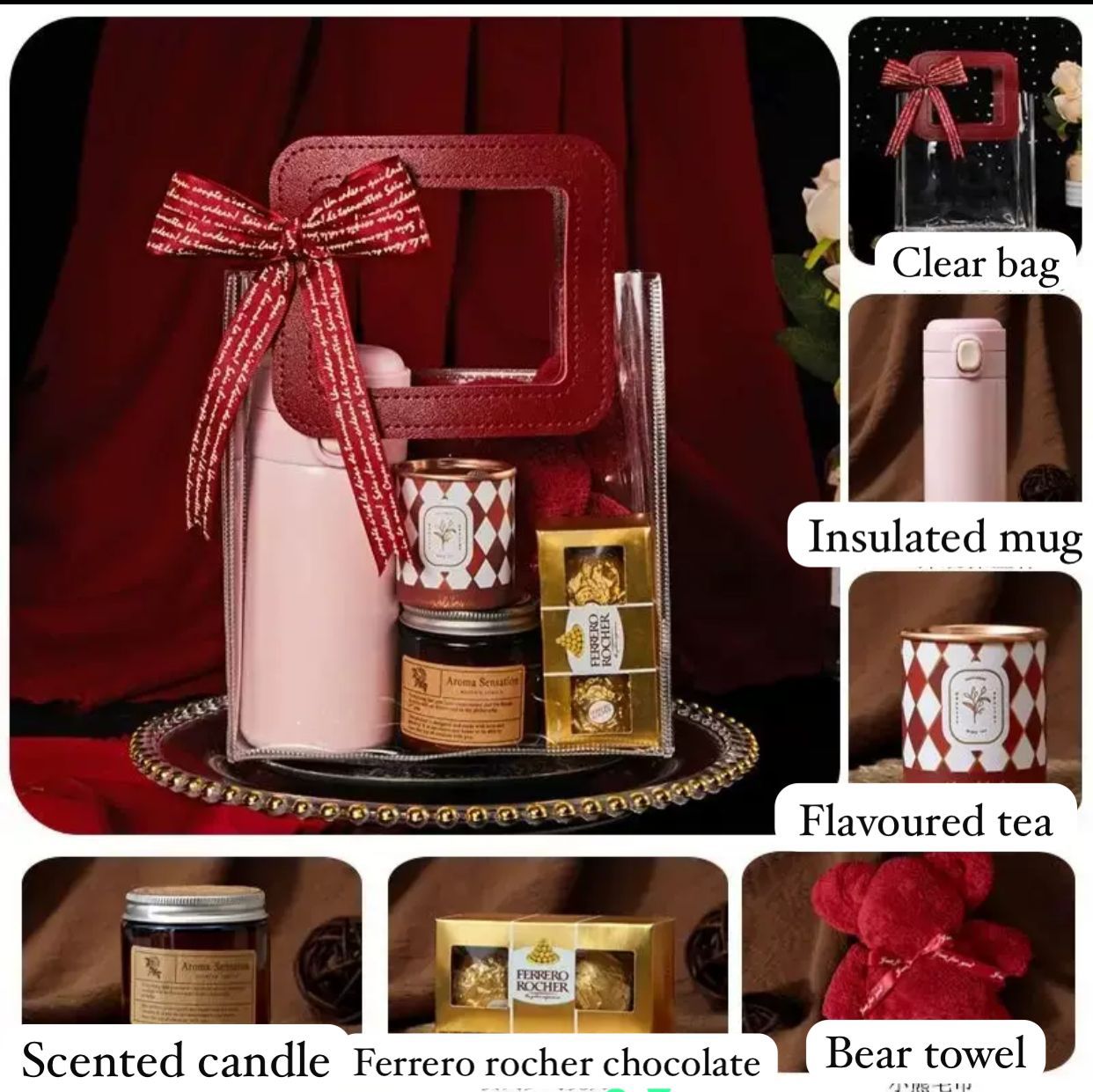 Collage of a gift set with a pink insulated mug