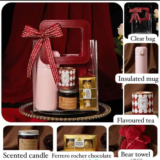 Collage of a gift set with a pink insulated mug