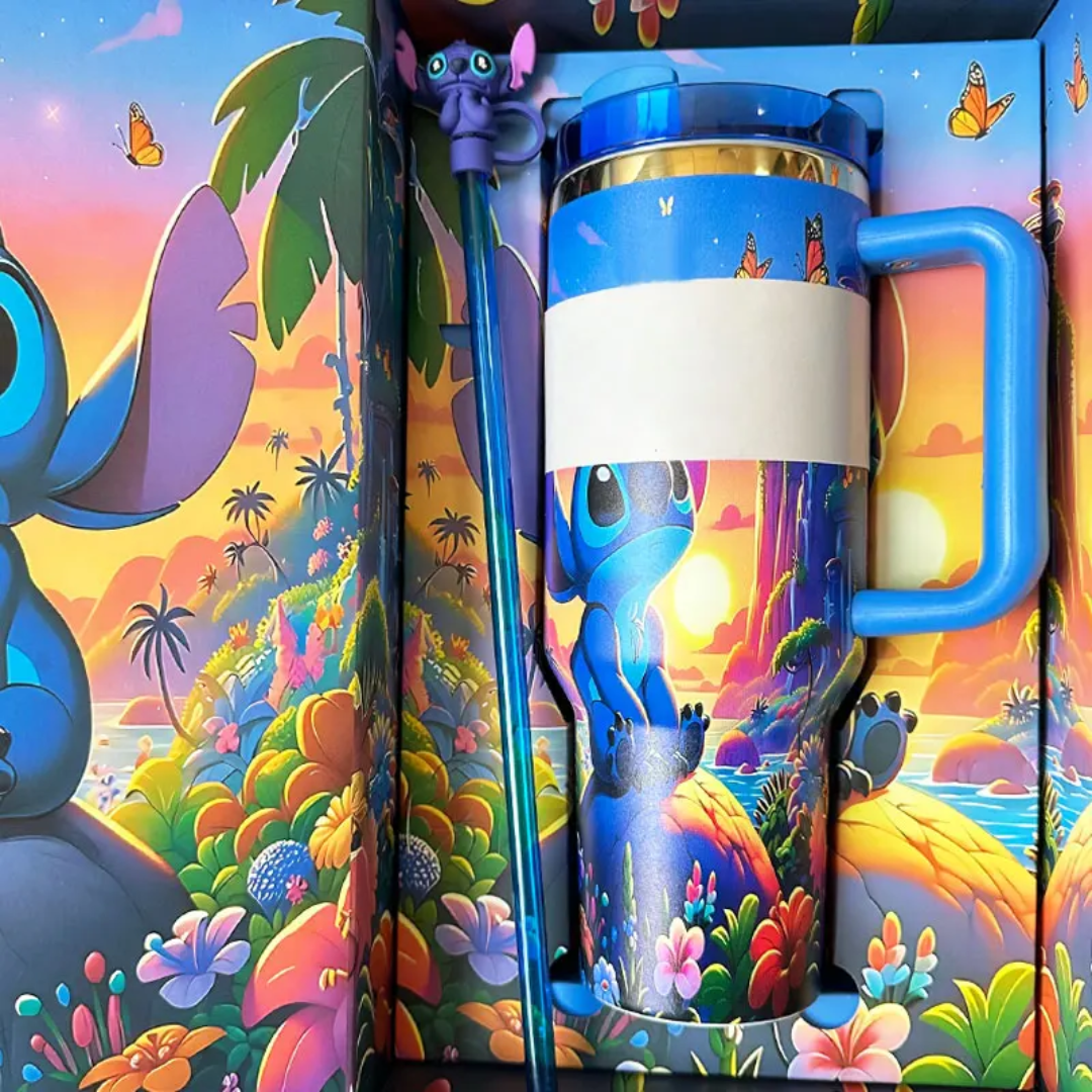 Colorful tumbler with cartoon character in a decorative box