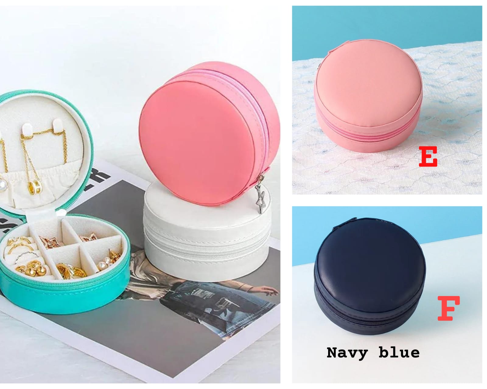Round jewelry box in pink, navy blue and white 
