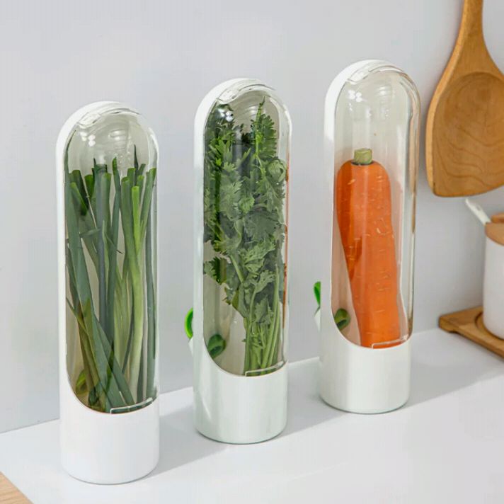 Three cylindrical vegetable storage containers